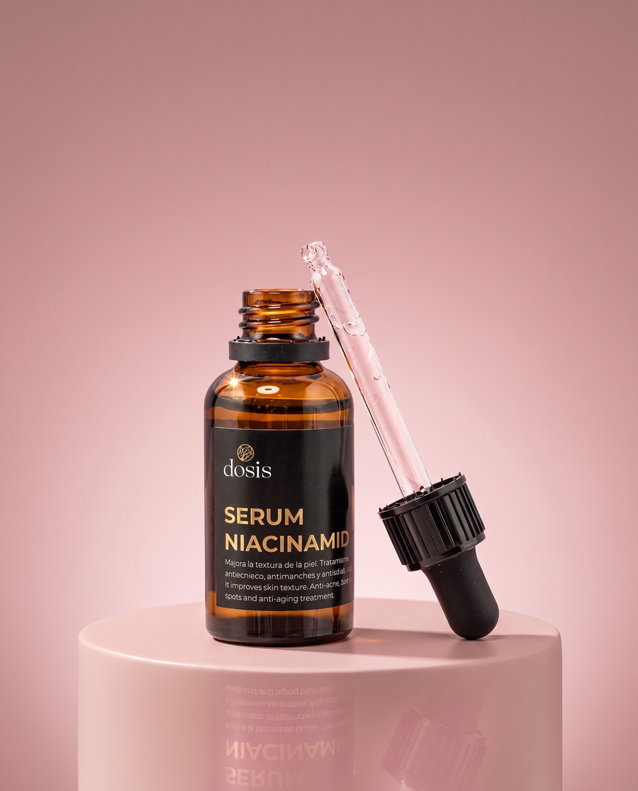 Serum Niacinamida Dosis sobre pedestal rosado