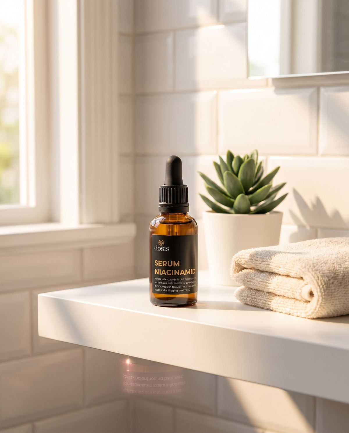 Serum Niacinamida Dosis en un estante de bano con luz de manana